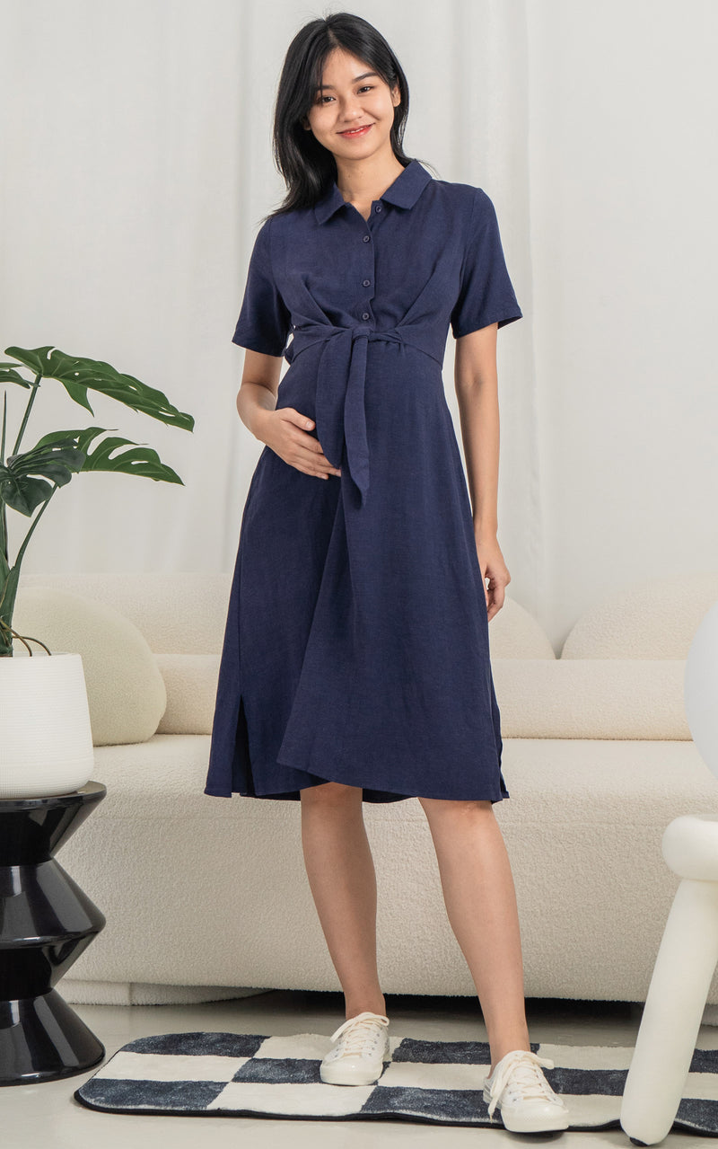 Sophie Linen Nursing Dress in Navy