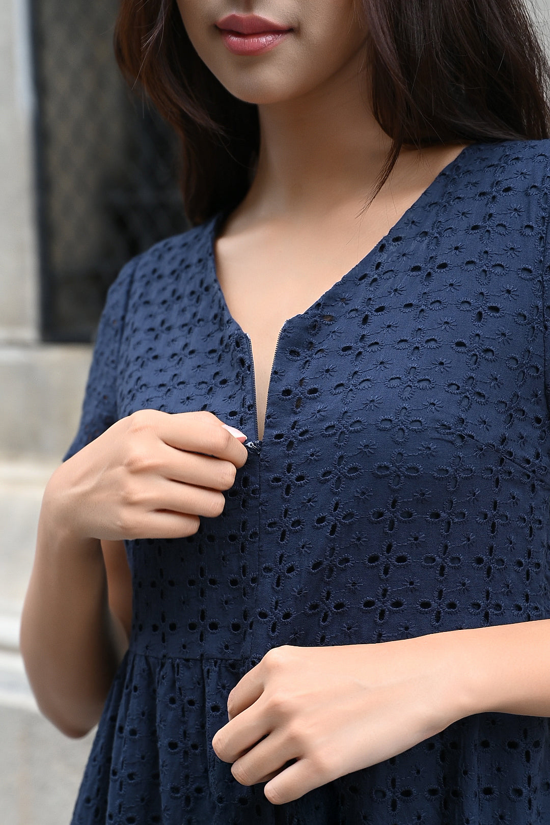Sunny Eyelet Sleeved Dress in Navy