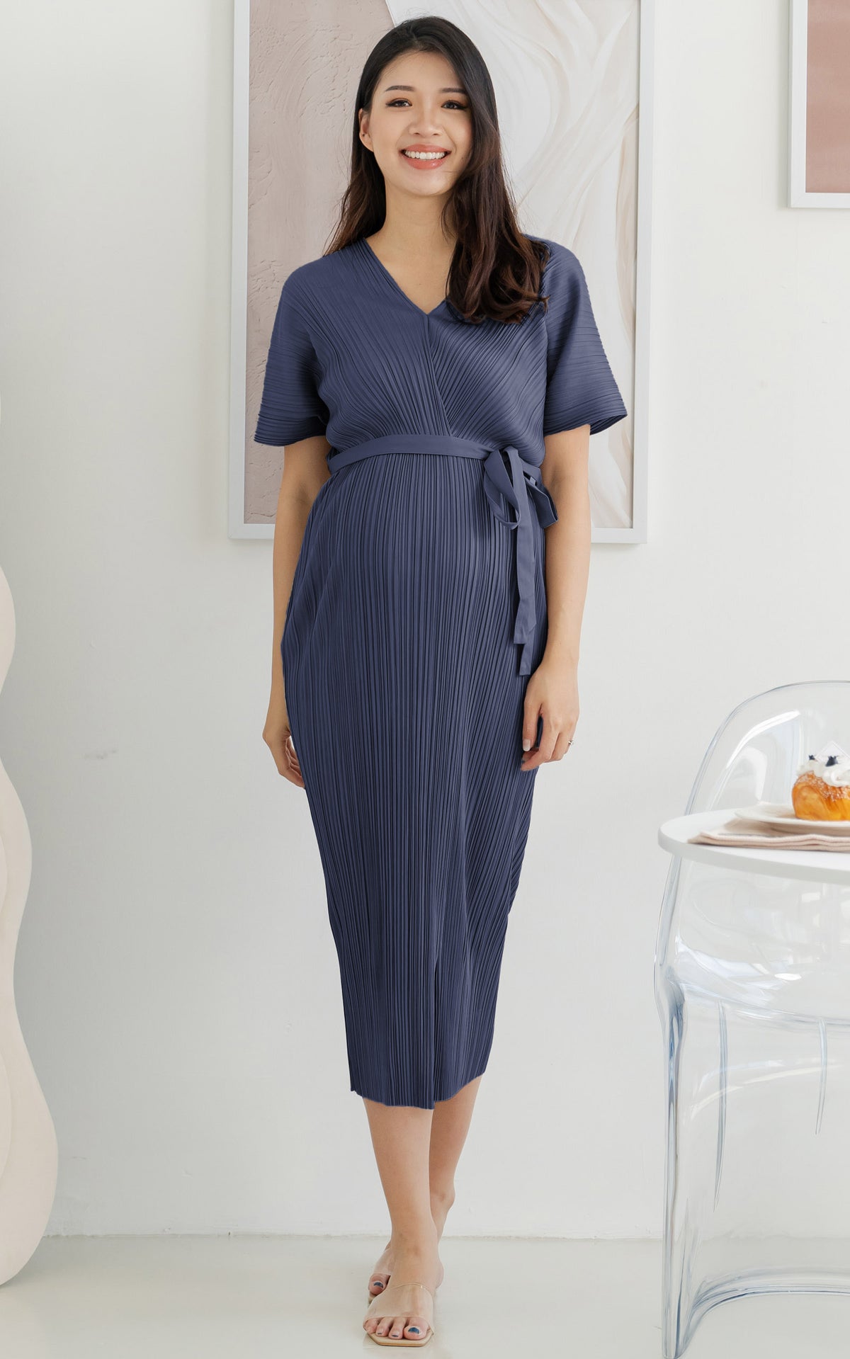 [BACKORDER] Alexa Pleated Wrapped Nursing Dress in Blue