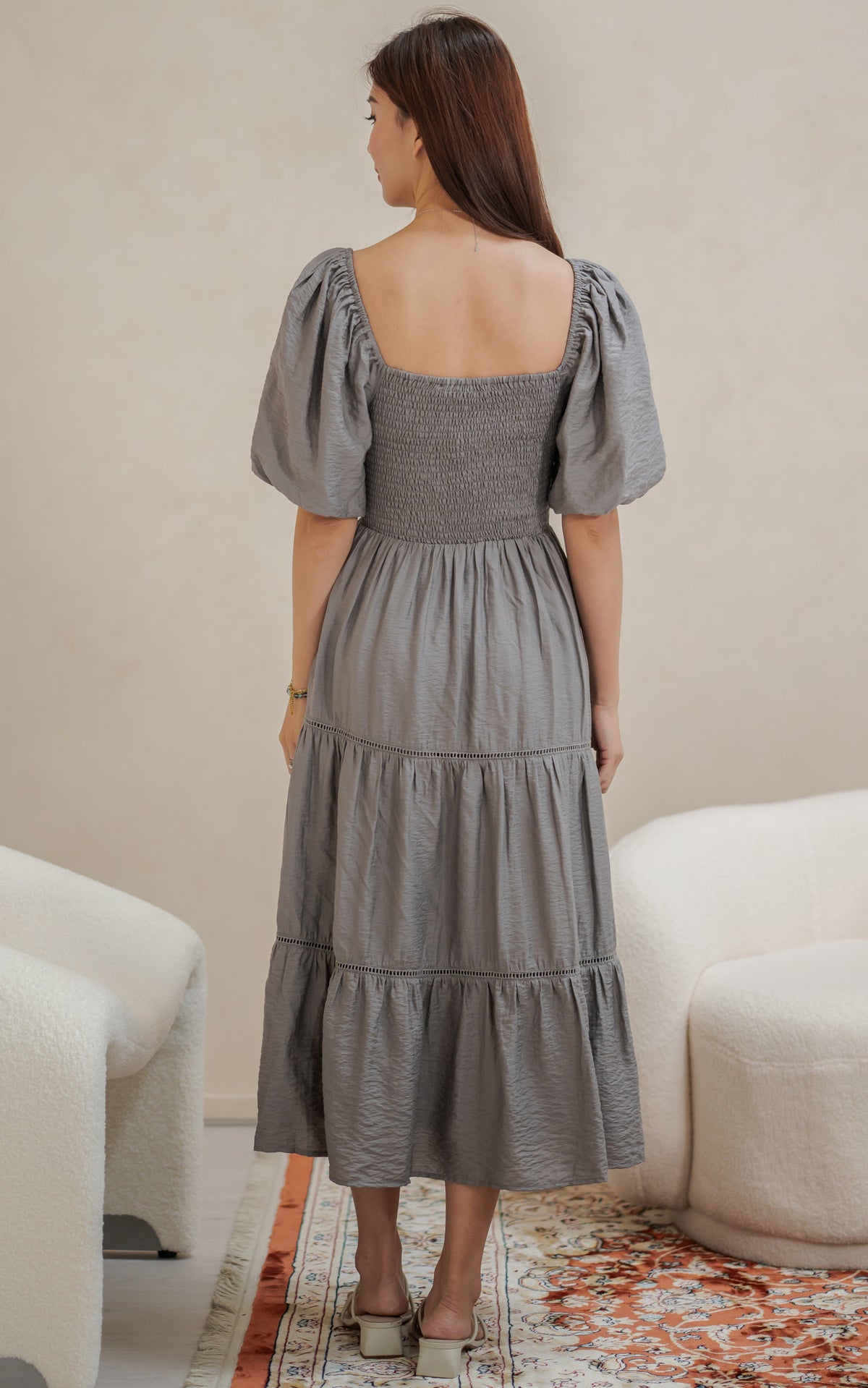 Alyssa Smocked Trimmed Dress in Charcoal