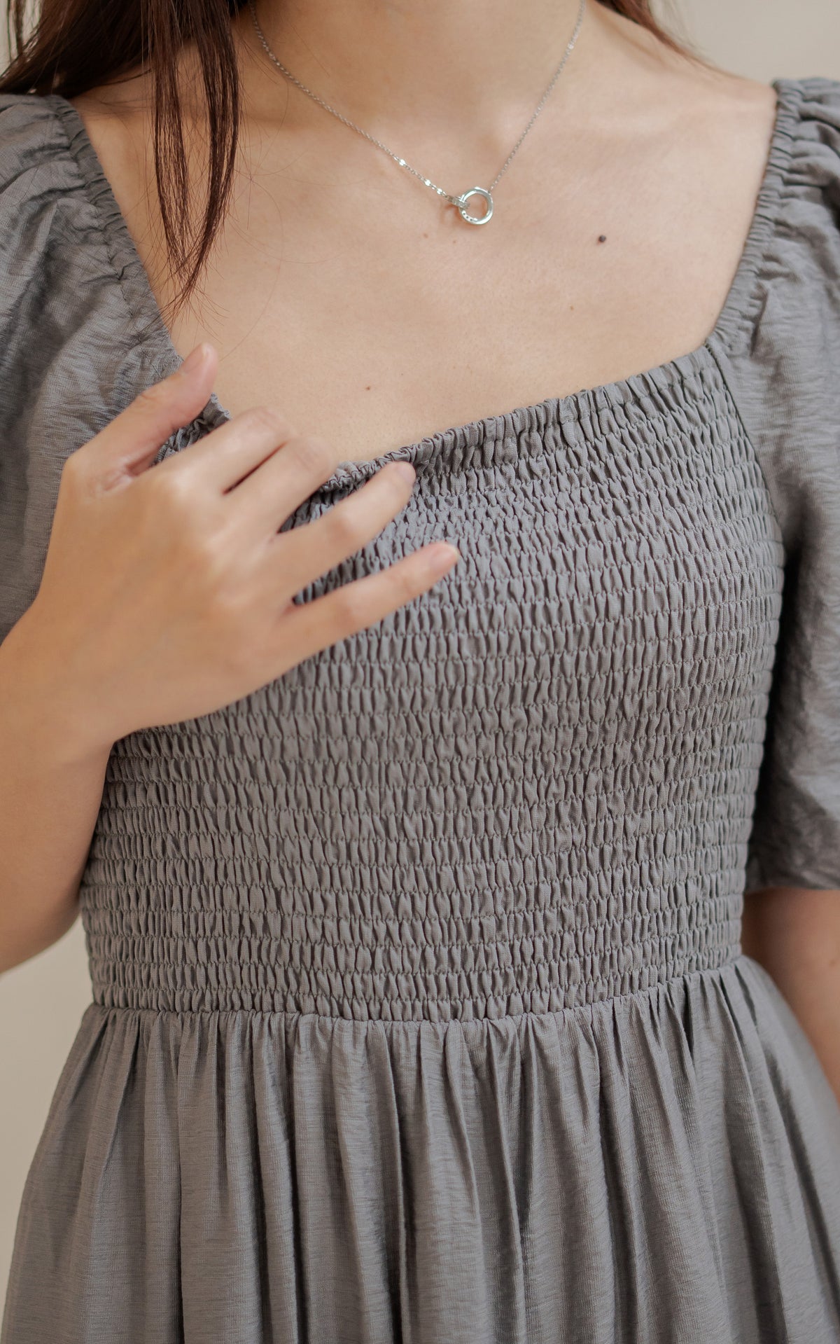 Alyssa Smocked Trimmed Dress in Charcoal