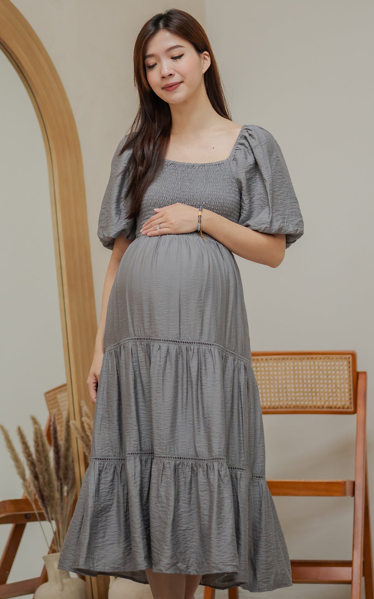 Alyssa Smocked Trimmed Dress in Charcoal