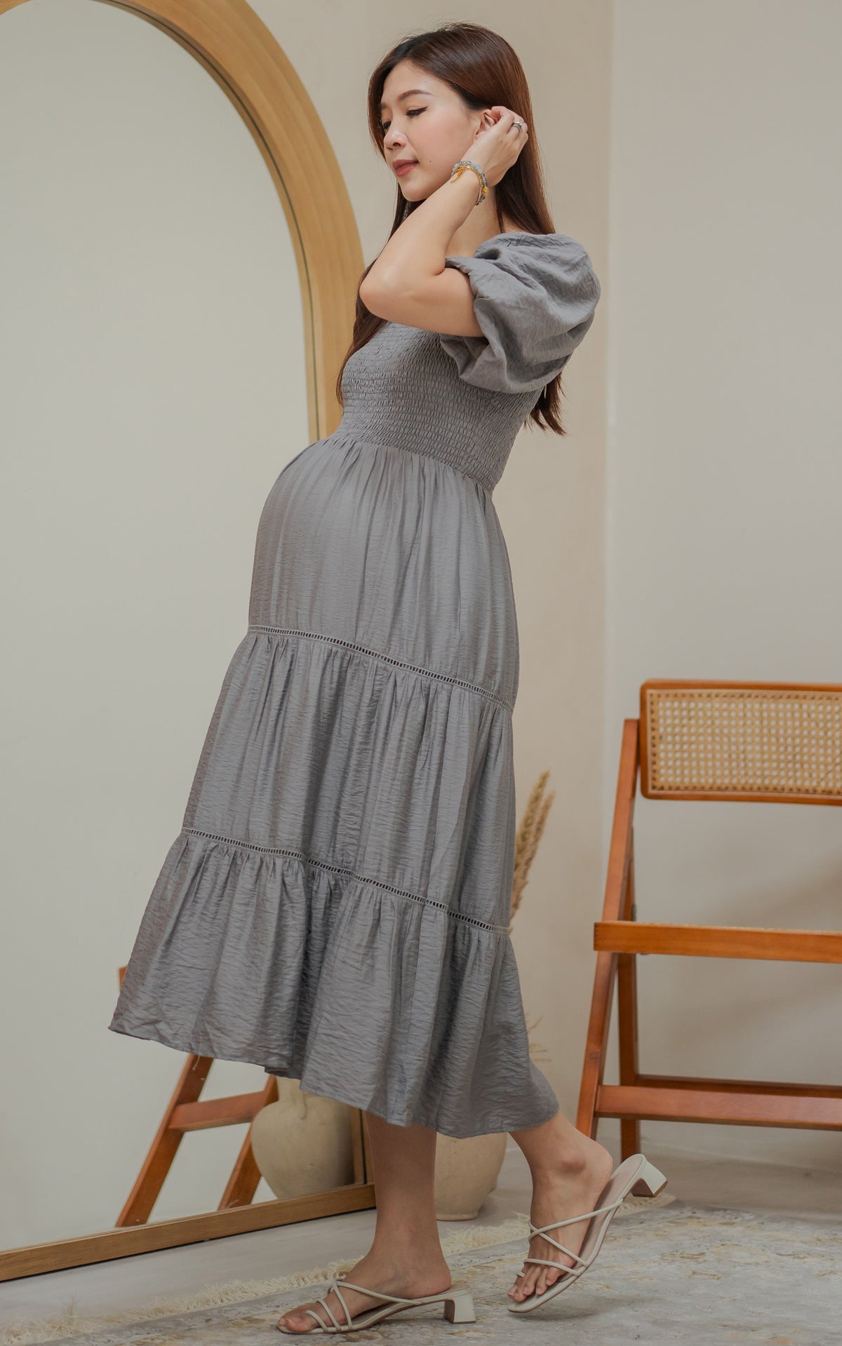 Alyssa Smocked Trimmed Dress in Charcoal