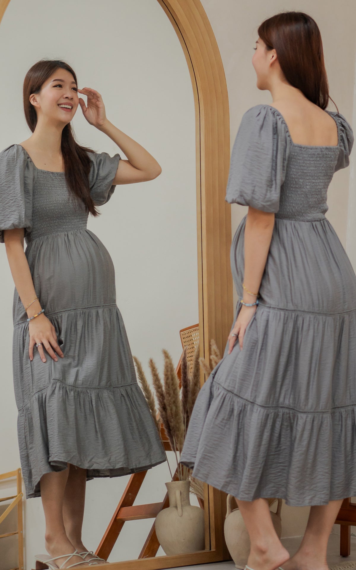 Alyssa Smocked Trimmed Dress in Charcoal