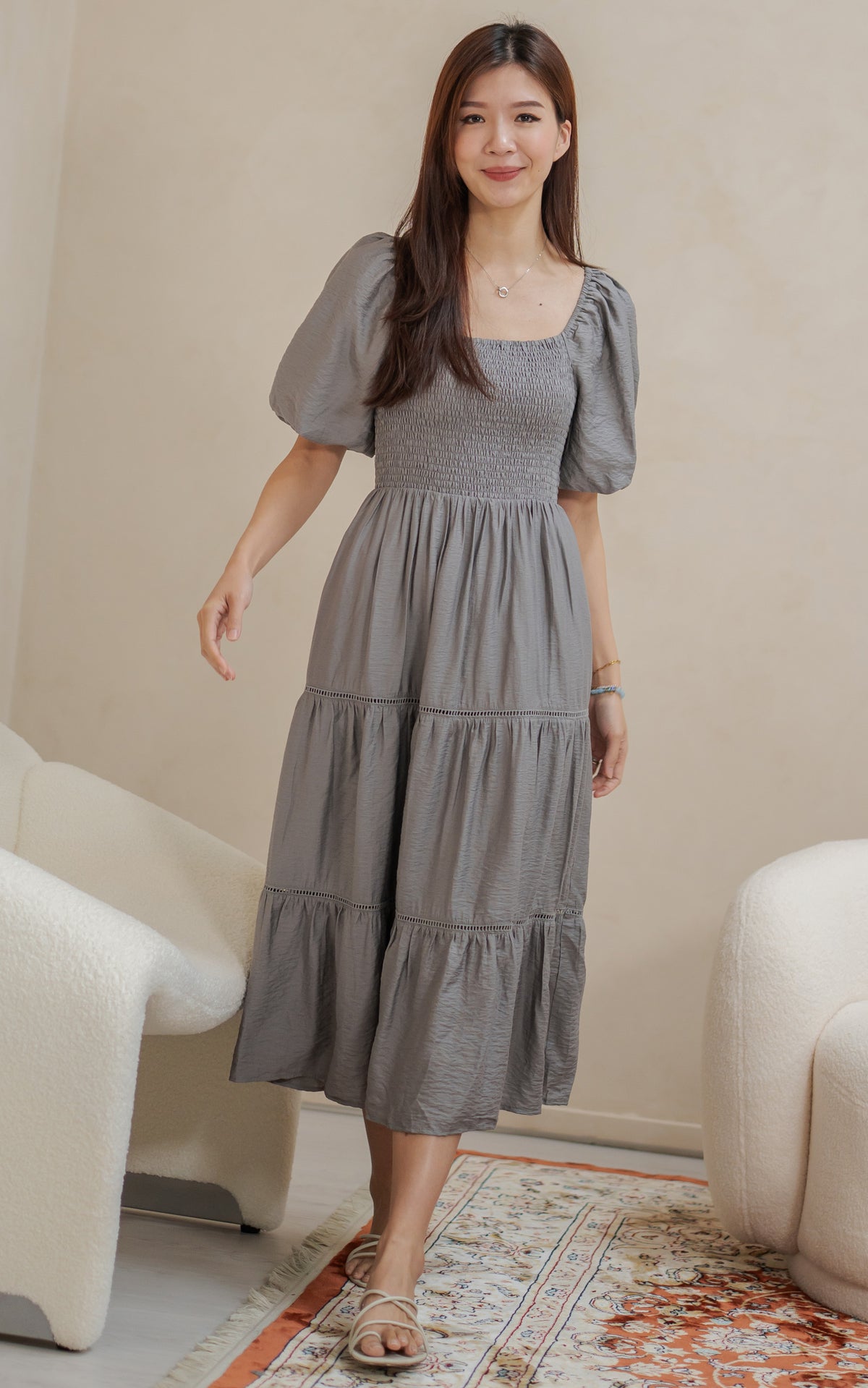 Alyssa Smocked Trimmed Dress in Charcoal
