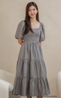 Alyssa Smocked Trimmed Dress in Charcoal