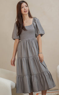 Alyssa Smocked Trimmed Dress in Charcoal
