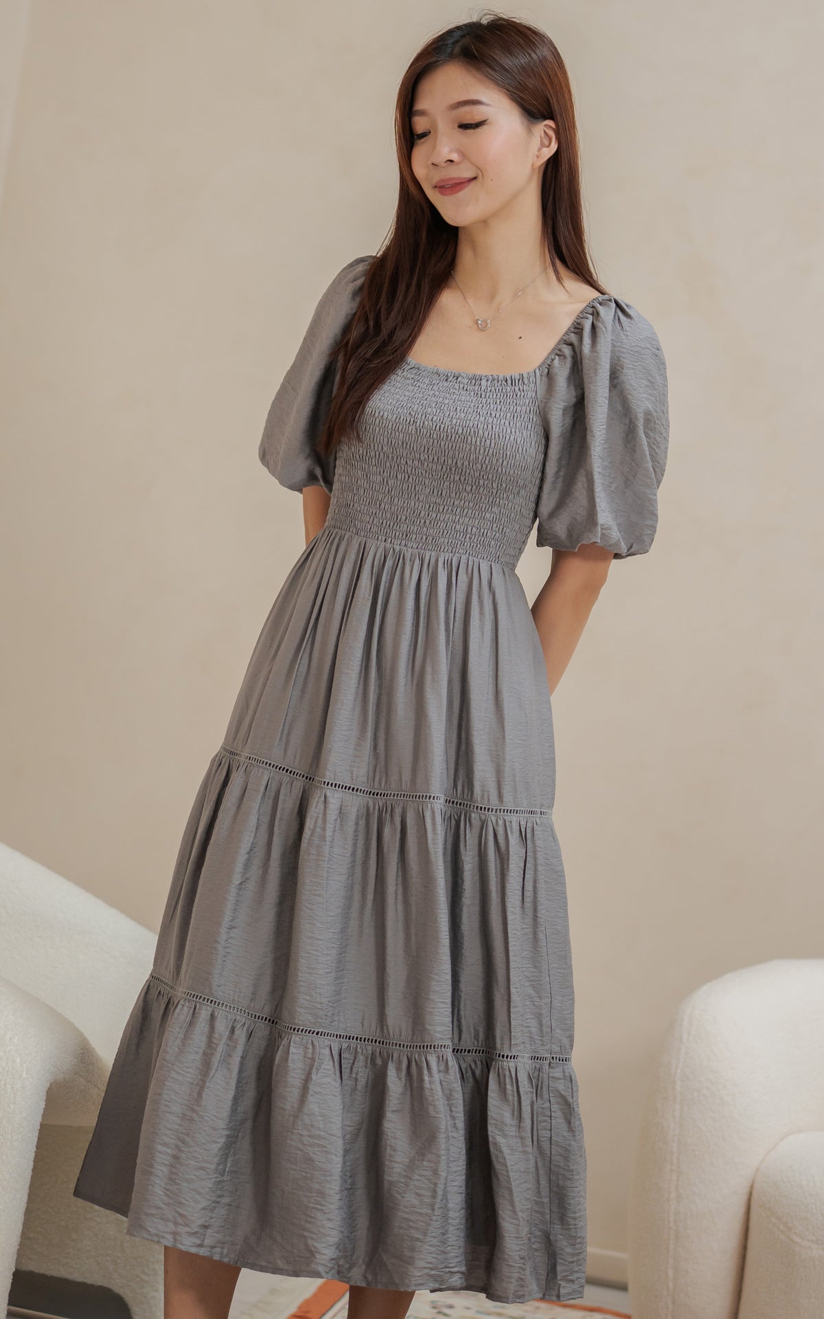 Alyssa Smocked Trimmed Dress in Charcoal