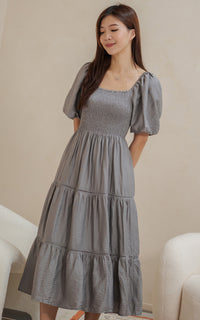Alyssa Smocked Trimmed Dress in Charcoal
