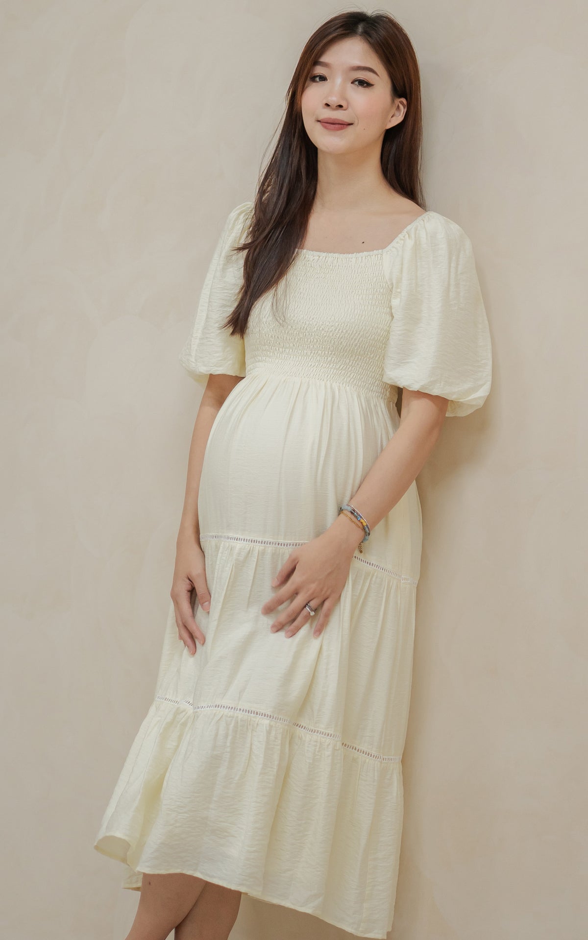 Alyssa Smocked Trimmed Dress in Cream