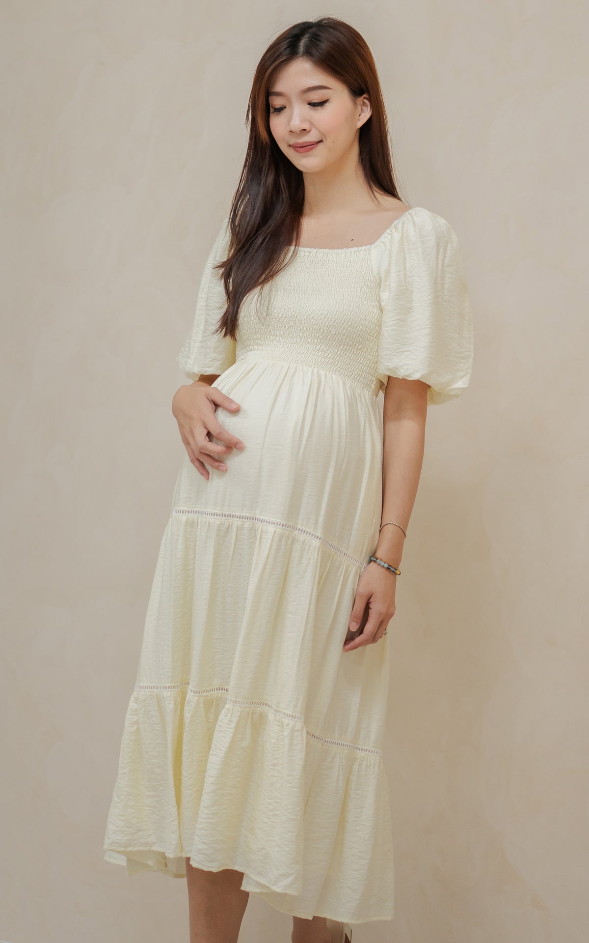 Alyssa Smocked Trimmed Dress in Cream
