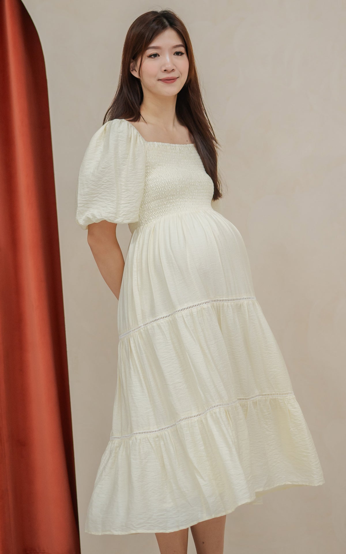 Alyssa Smocked Trimmed Dress in Cream