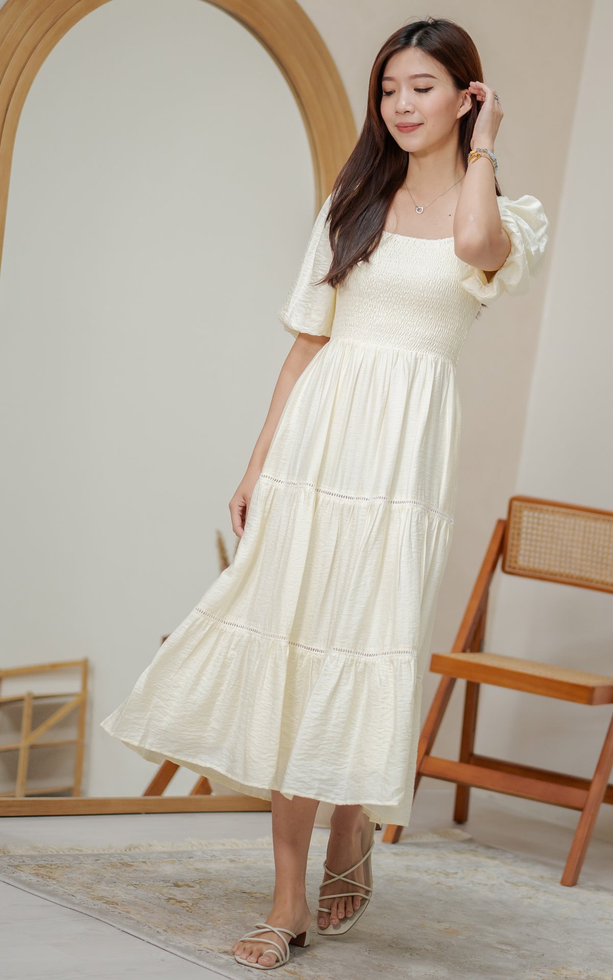 Alyssa Smocked Trimmed Dress in Cream