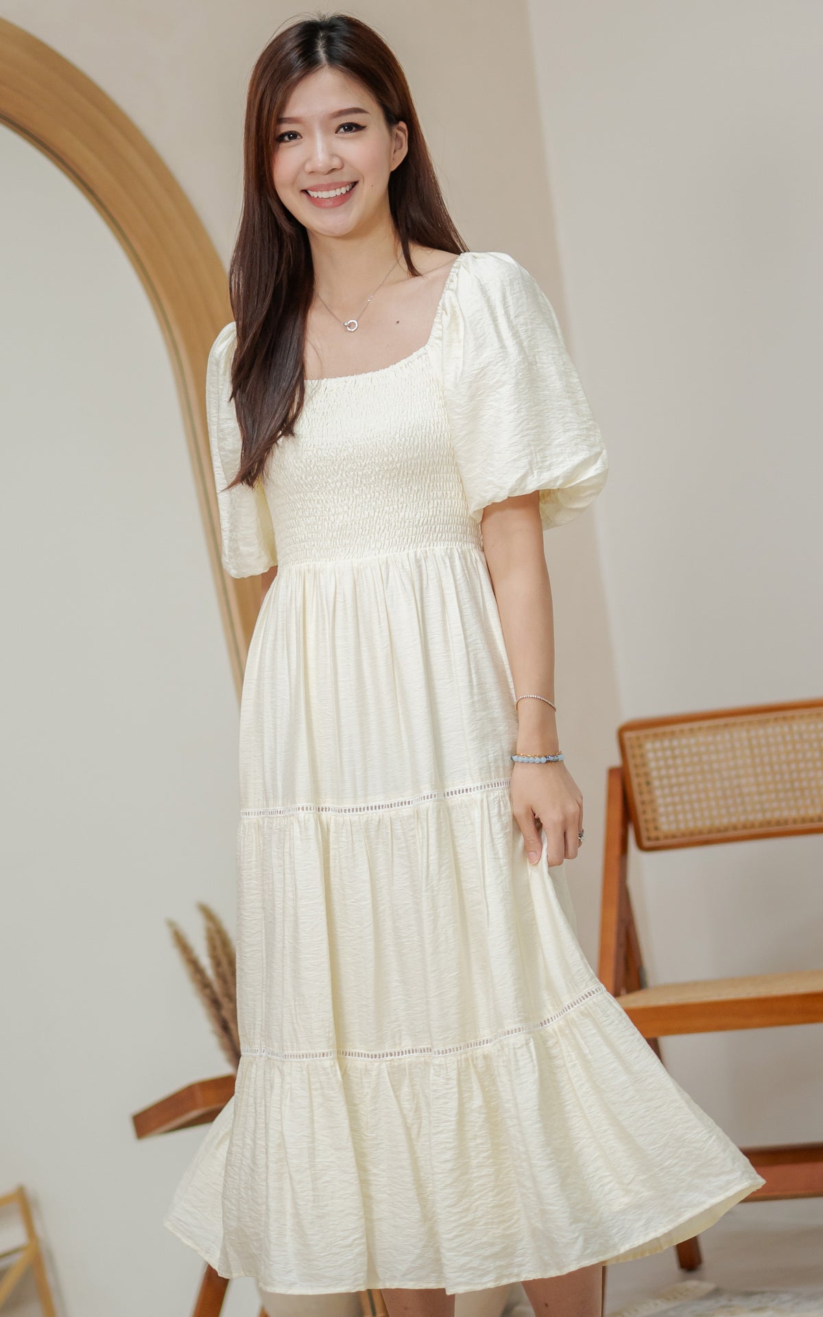 Alyssa Smocked Trimmed Dress in Cream