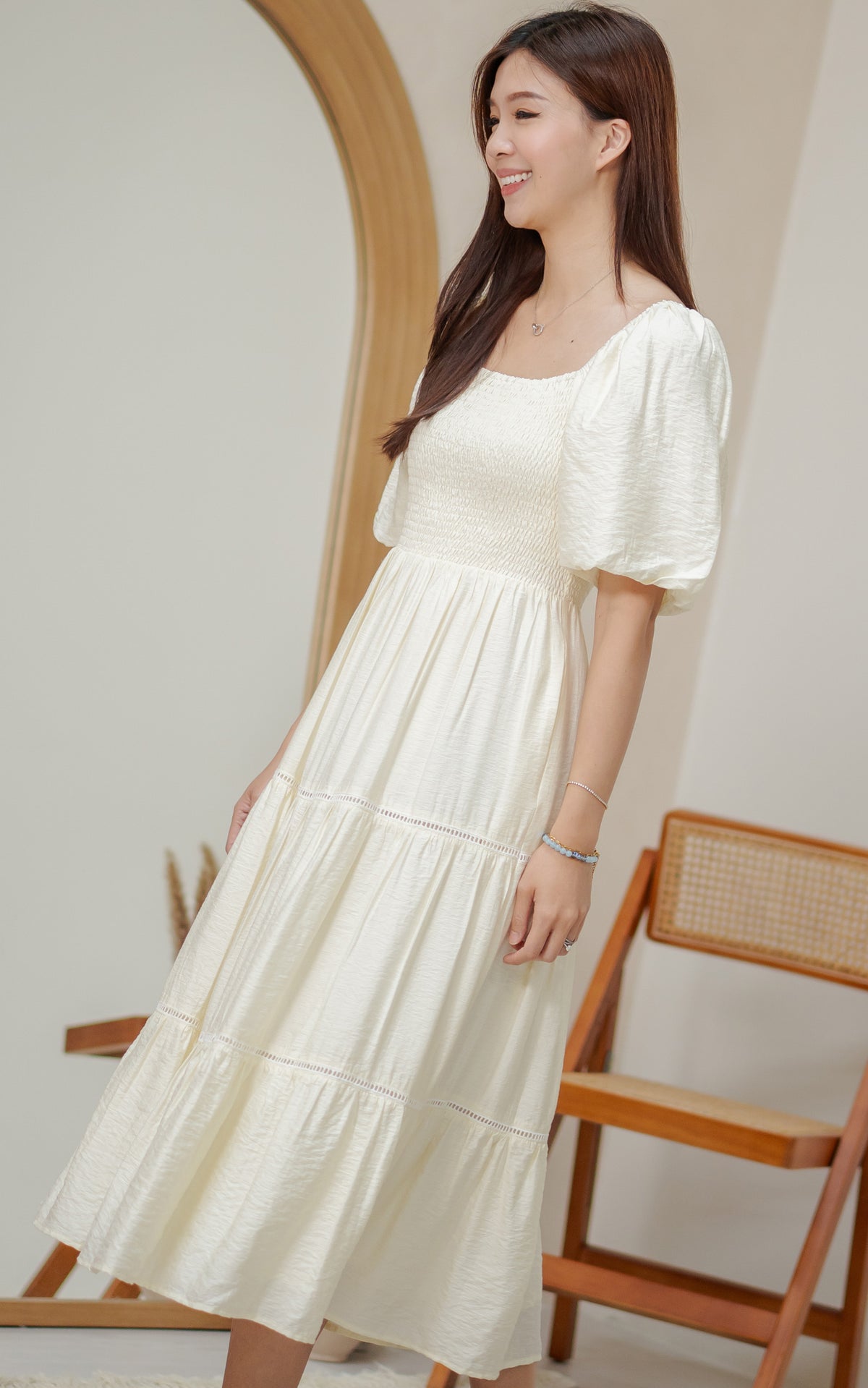 Alyssa Smocked Trimmed Dress in Cream