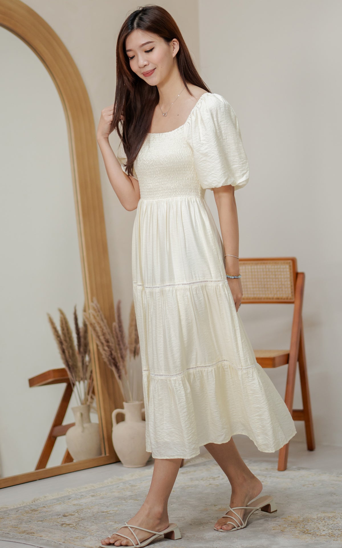 Alyssa Smocked Trimmed Dress in Cream