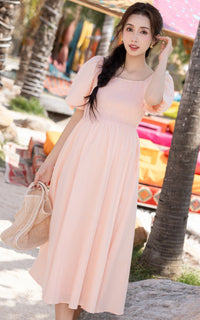 Astrid Bubble Sleeves Midi Dress in Pink