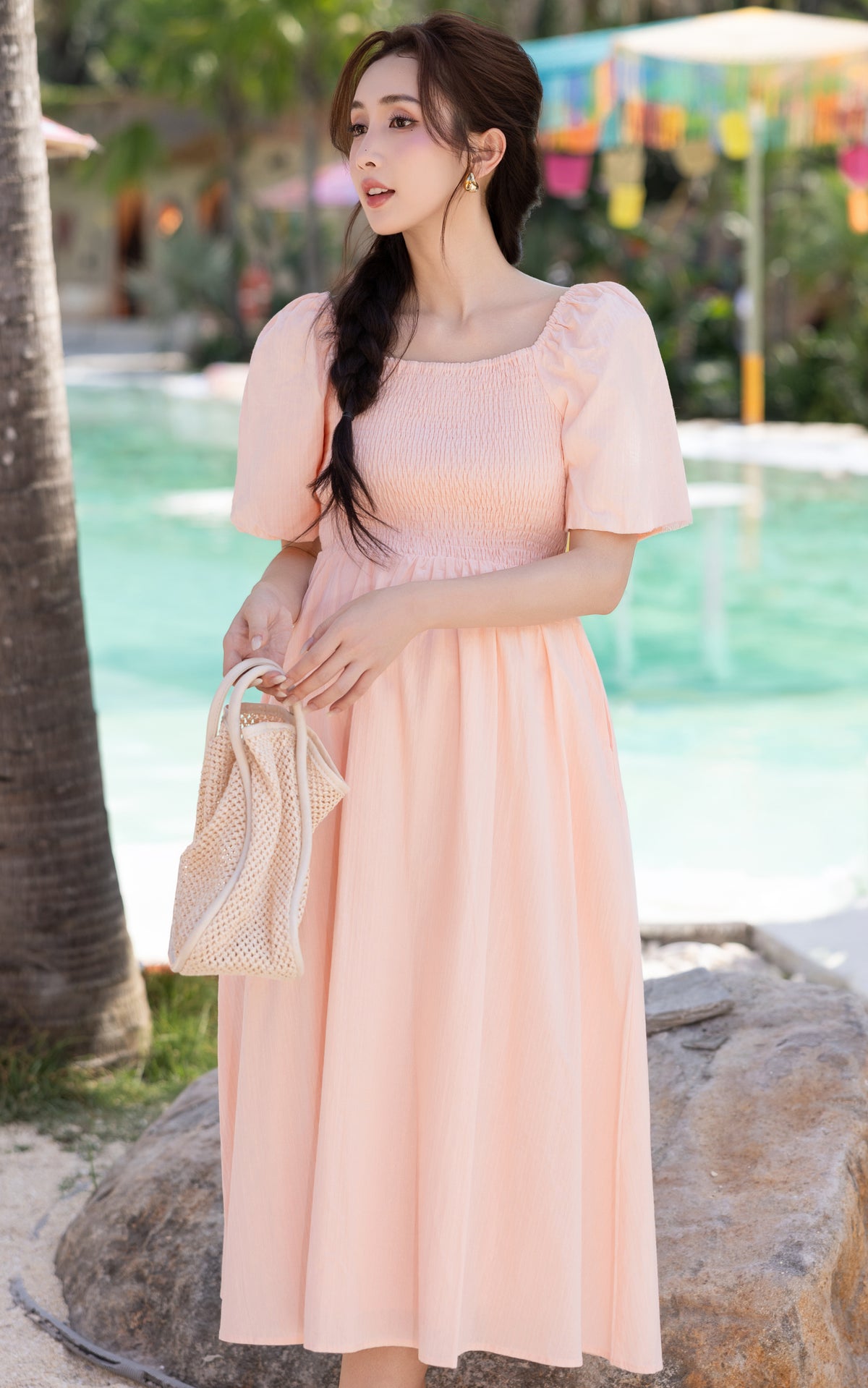 Astrid Bubble Sleeves Midi Dress in Pink