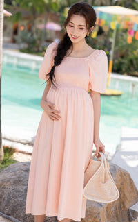Astrid Bubble Sleeves Midi Dress in Pink