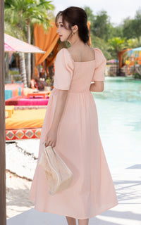 Astrid Bubble Sleeves Midi Dress in Pink