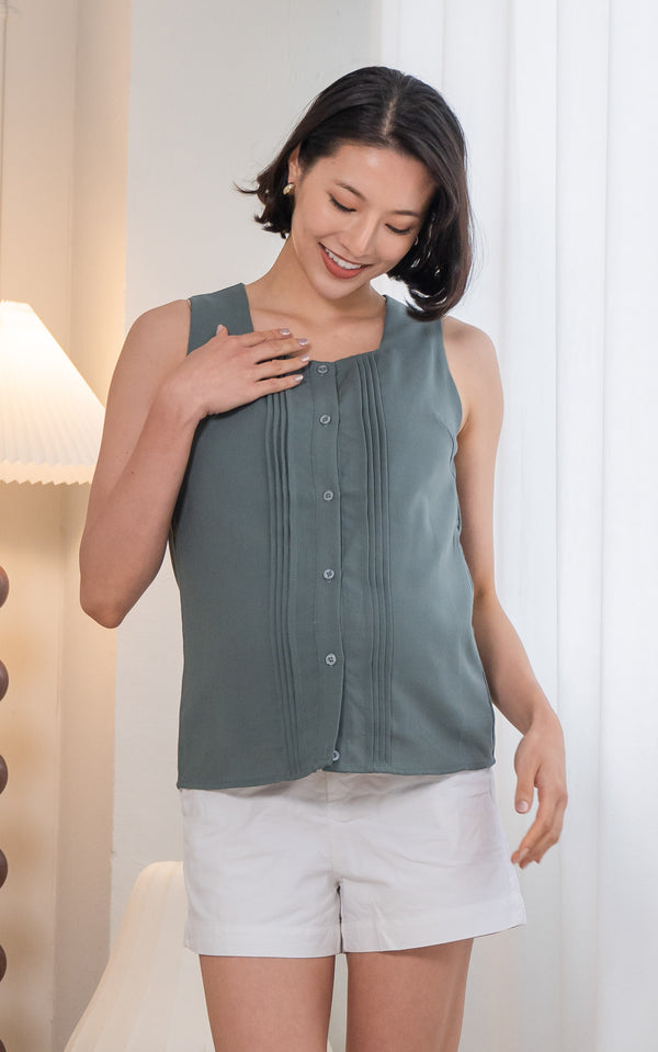 Bailey Pleated Nursing Top in Muted Green