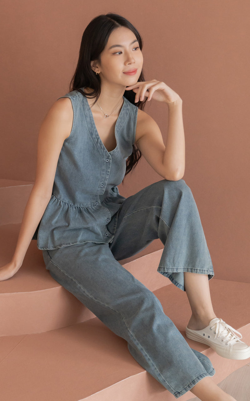 Camille Denim Peplum Buttons Top