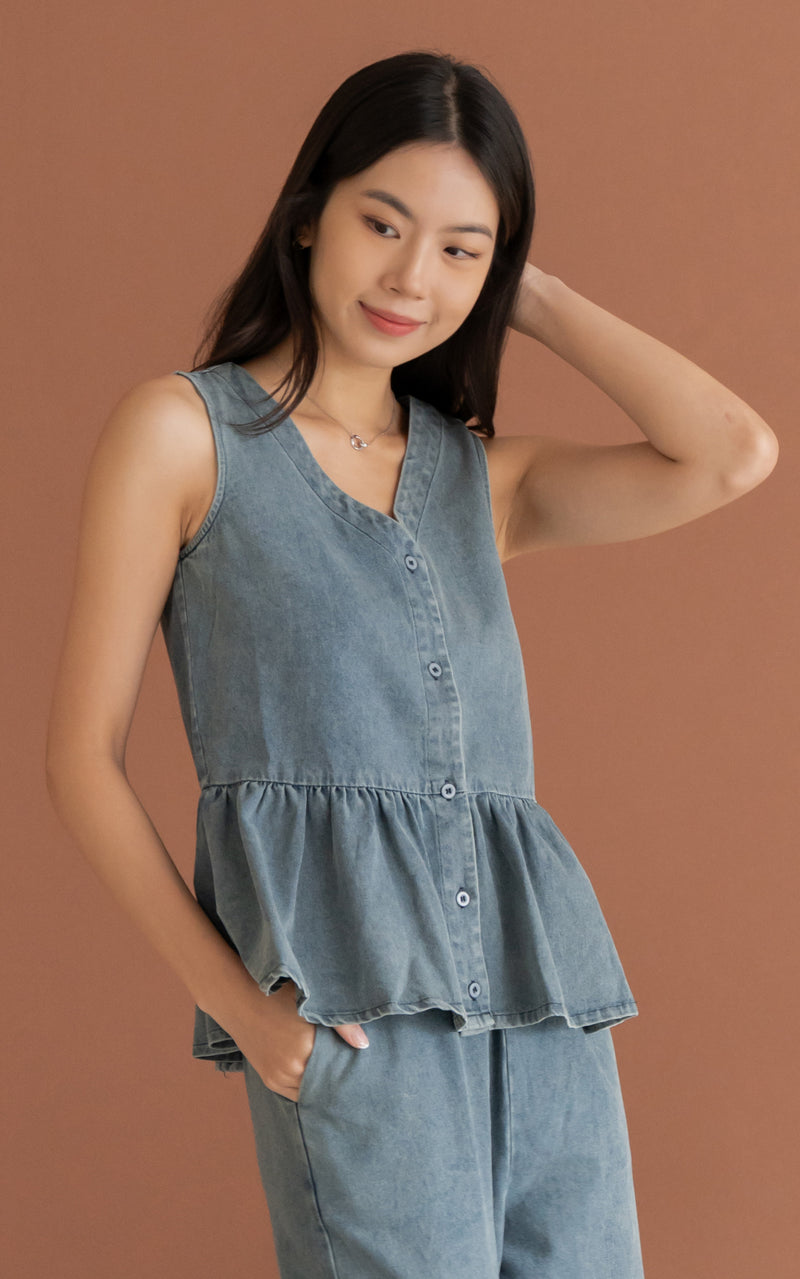 Camille Denim Peplum Buttons Top