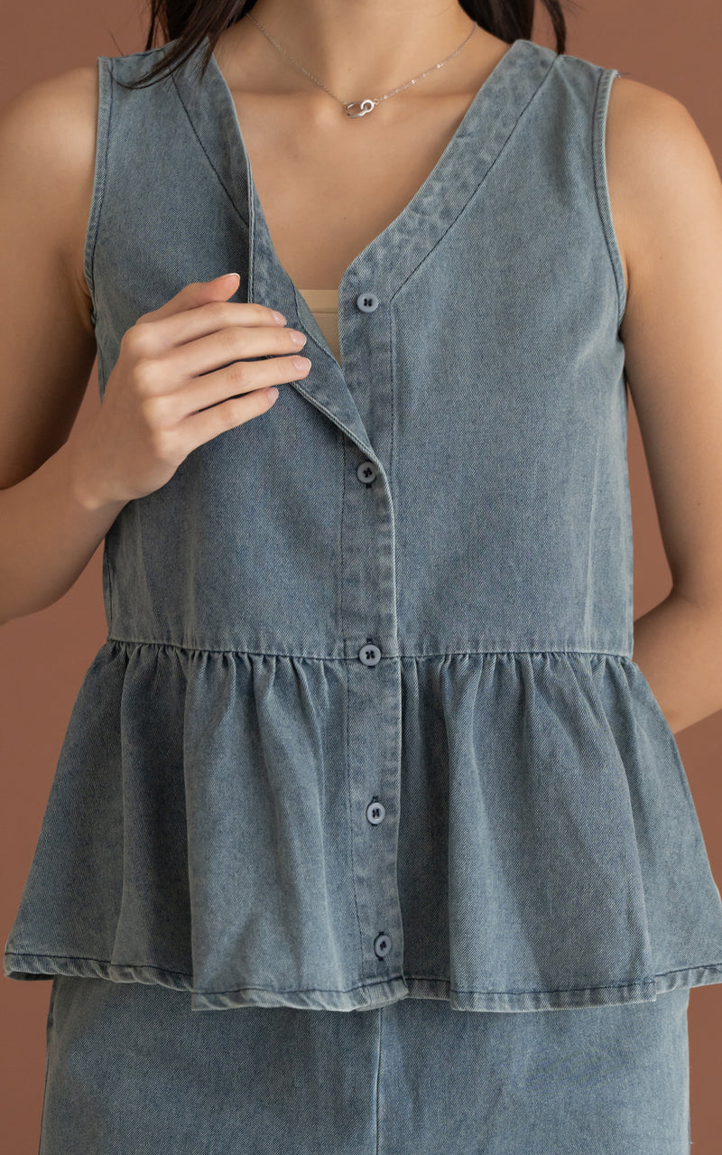 Camille Denim Peplum Buttons Top