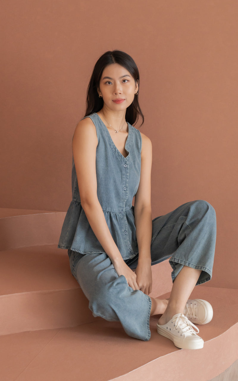 Camille Denim Peplum Buttons Top