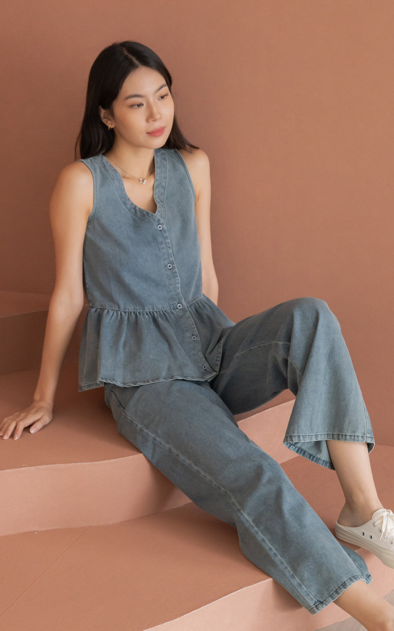 Camille Denim Peplum Buttons Top