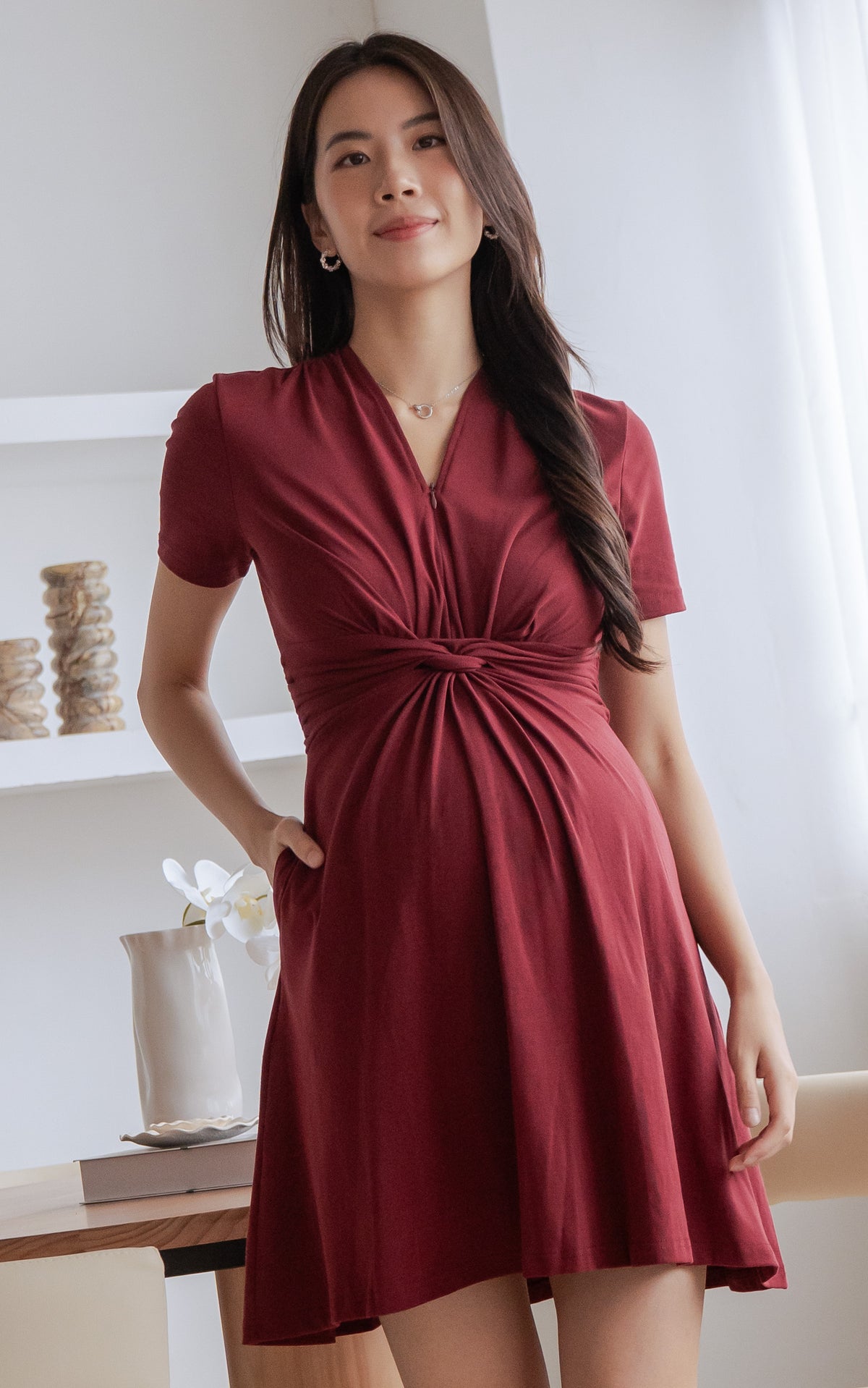 Celeste Twist Knot Nursing Dress in Red