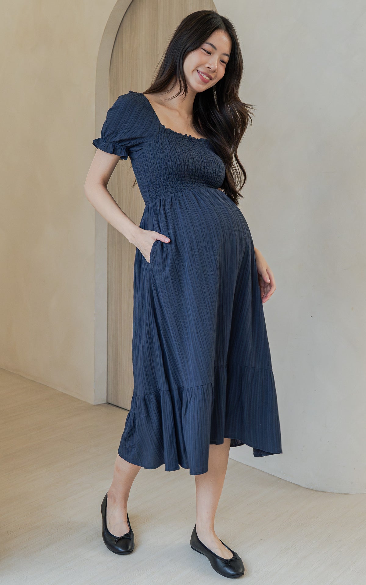 Elisa Textured Nursing Dress in Navy