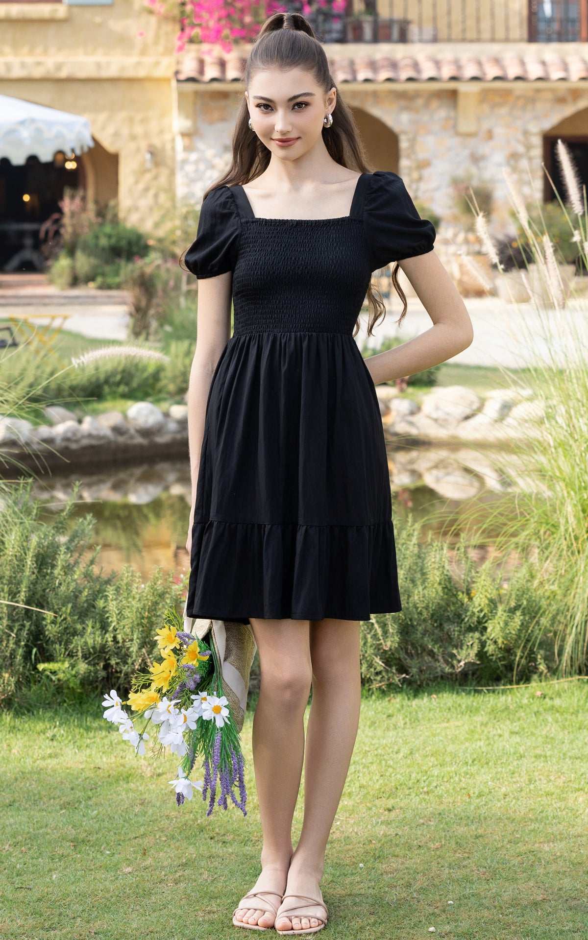 Frances Smocked Nursing Dress in Black