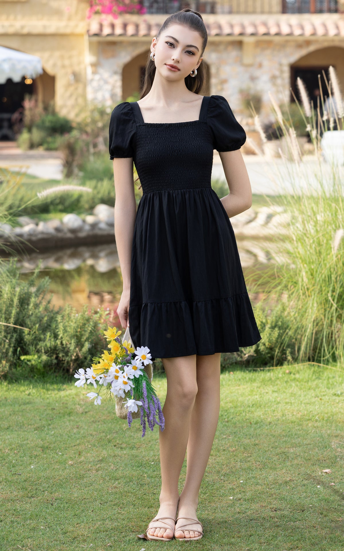 Frances Smocked Nursing Dress in Black