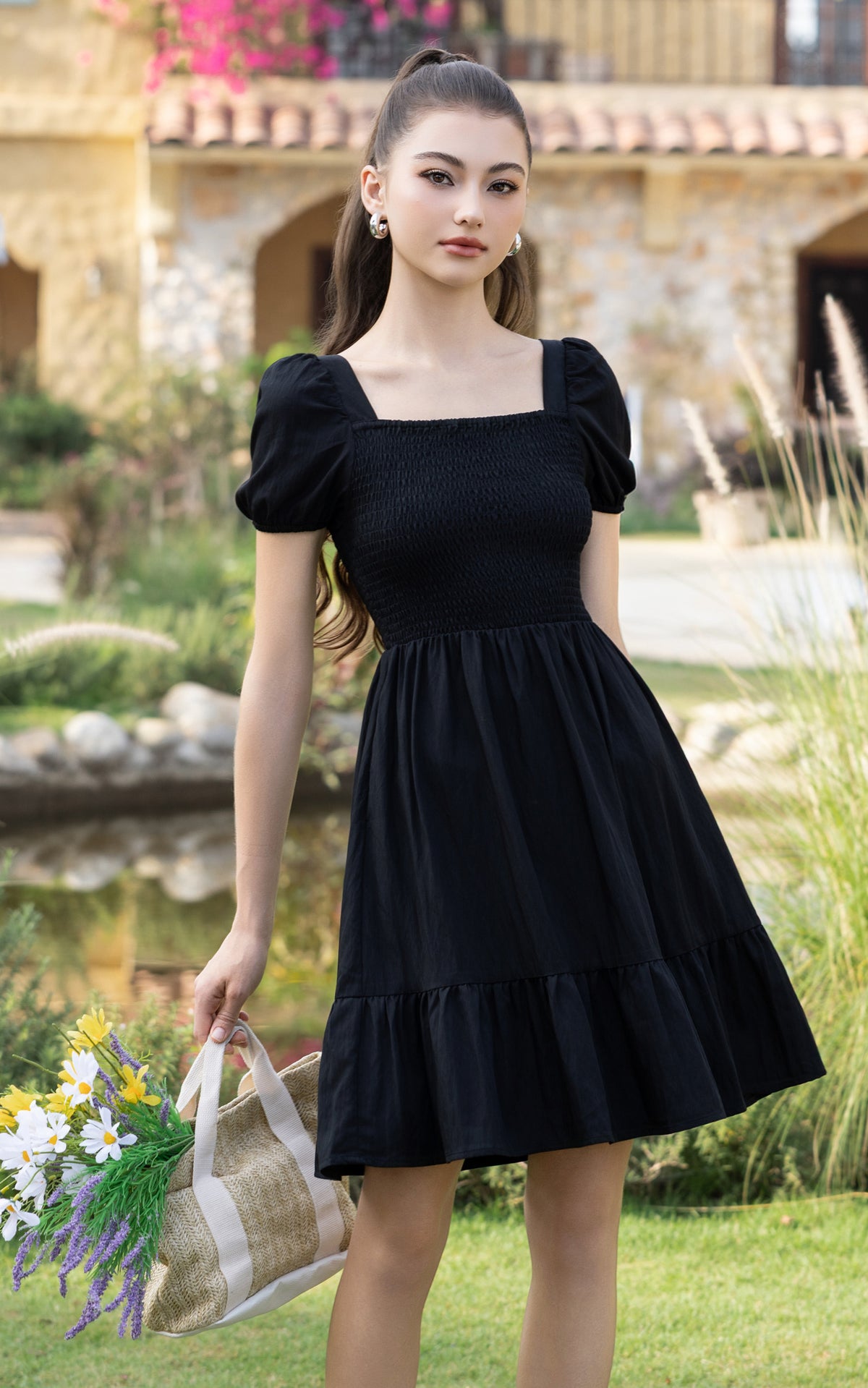Frances Smocked Nursing Dress in Black