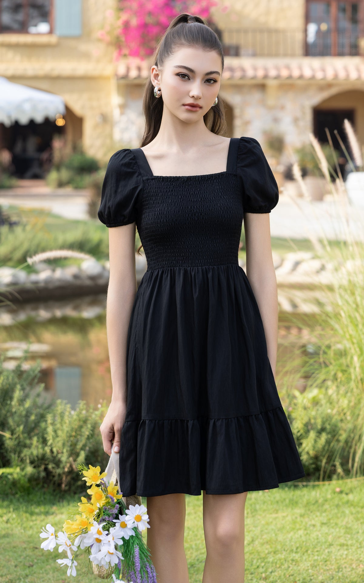 Frances Smocked Nursing Dress in Black