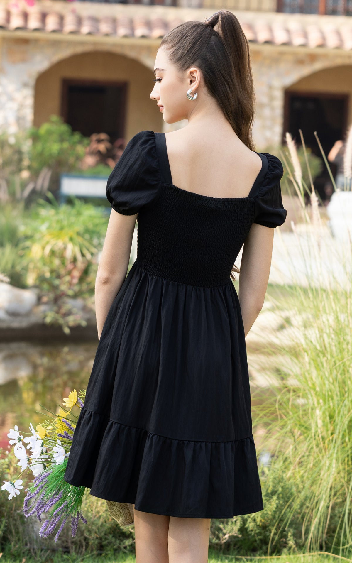 Frances Smocked Nursing Dress in Black