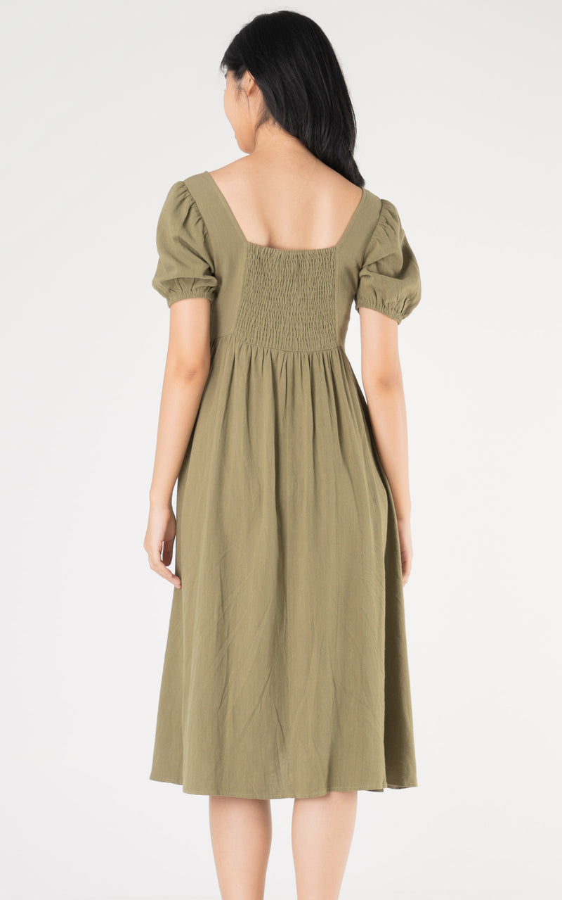 Genesis Linen Nursing Dress in Olive Green