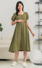 Genesis Linen Nursing Dress in Olive Green