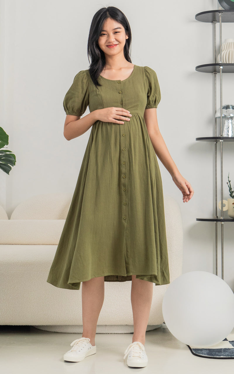 Genesis Linen Nursing Dress in Olive Green