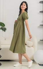 Genesis Linen Nursing Dress in Olive Green