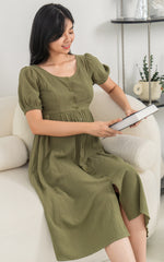 Genesis Linen Nursing Dress in Olive Green