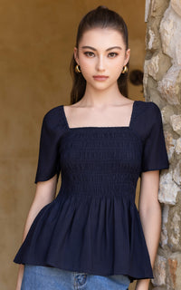 Hattie Smocked Sweetheart Nursing Top in Midnight Blue