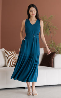 Hope Pleated Maxi Dress in Blue Green