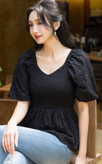 Itzel Bubble Sleeves Eyelet Top in Black