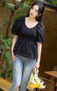 Itzel Bubble Sleeves Eyelet Top in Black