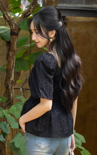 Itzel Bubble Sleeves Eyelet Top in Black