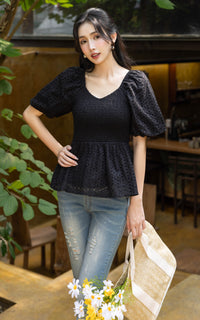 Itzel Bubble Sleeves Eyelet Top in Black