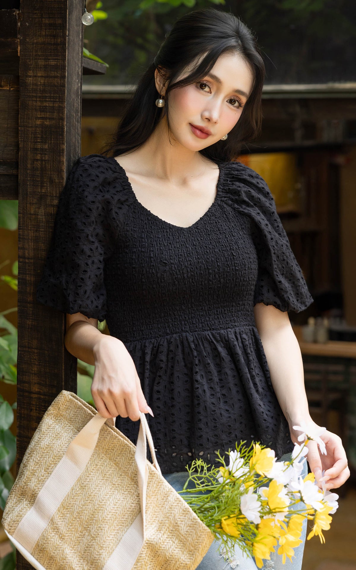 Itzel Bubble Sleeves Eyelet Top in Black