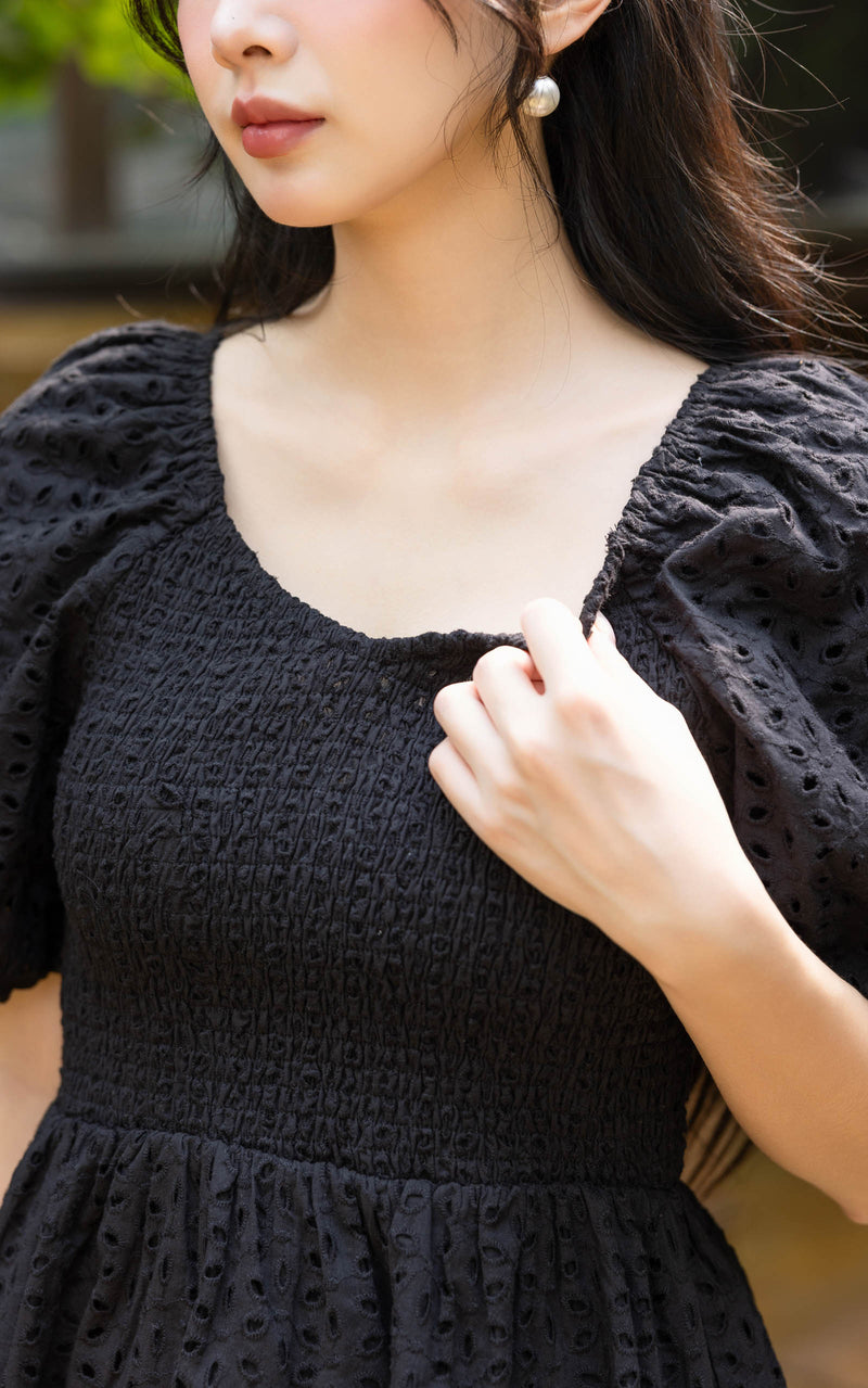 Itzel Bubble Sleeves Eyelet Top in Black